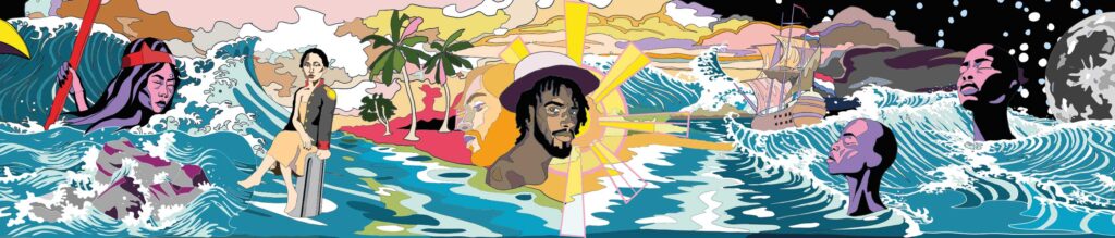 Ontwerp Gelders wandkleed 'Draden van ons Nederlandse slavernijverleden' door Richard Kofi, rechts